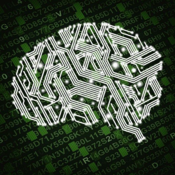 Illustration of circuit board in human brain form.
