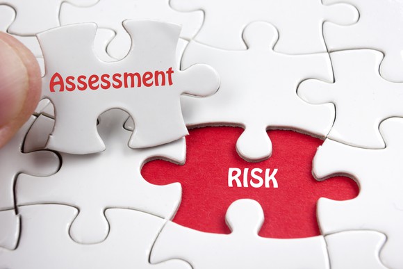 Concept for risk assessment -- a slot on puzzle board with for "risk" and a puzzle piece that fits it saying "assessment."