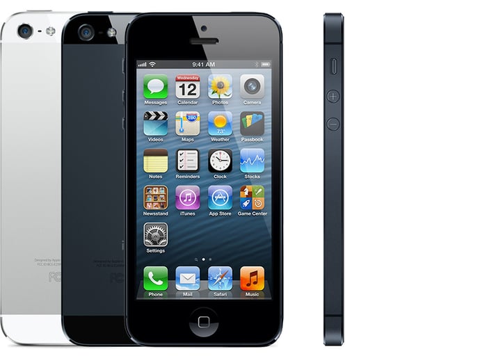 iPhone 5 front, back, and profile view.