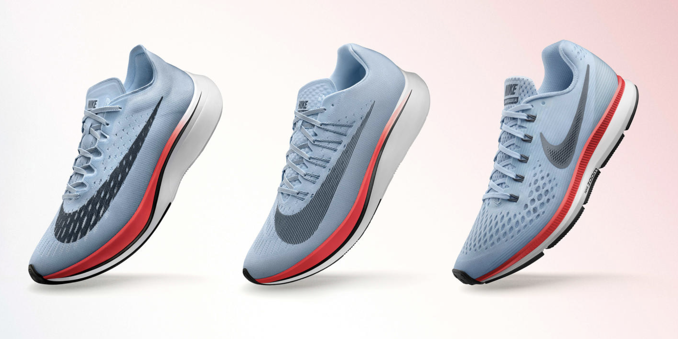 Three Nike Zoom Vaporfly 4% running shoes lined side by side.