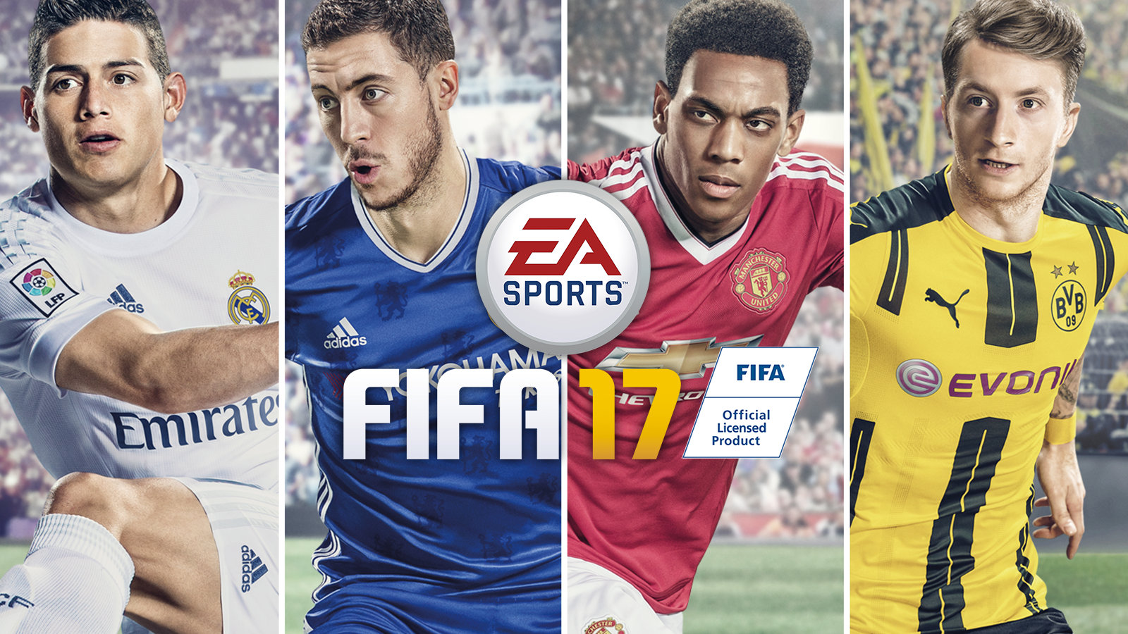 EA Sports FIFA 17 box art depicting four soccer players in uniform from the game.