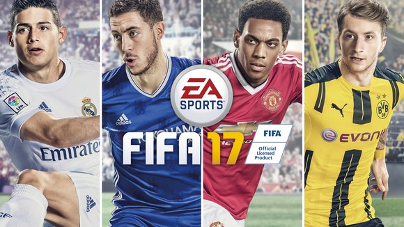 EA Sports FIFA 17 box art depicting four soccer players in uniform from the game.