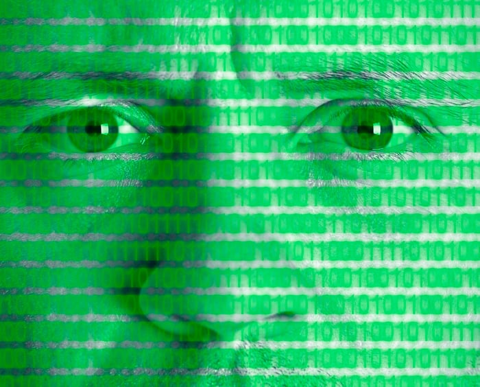 Digital data on a human face.