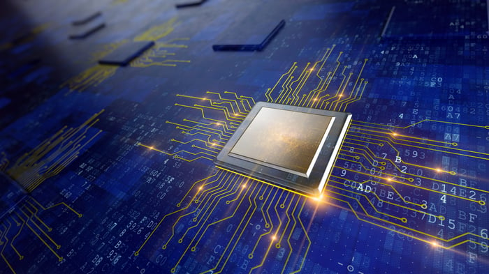 A graphic of electronic signals going in and out of a semiconductor, like those made by Intel and Micron Technology.