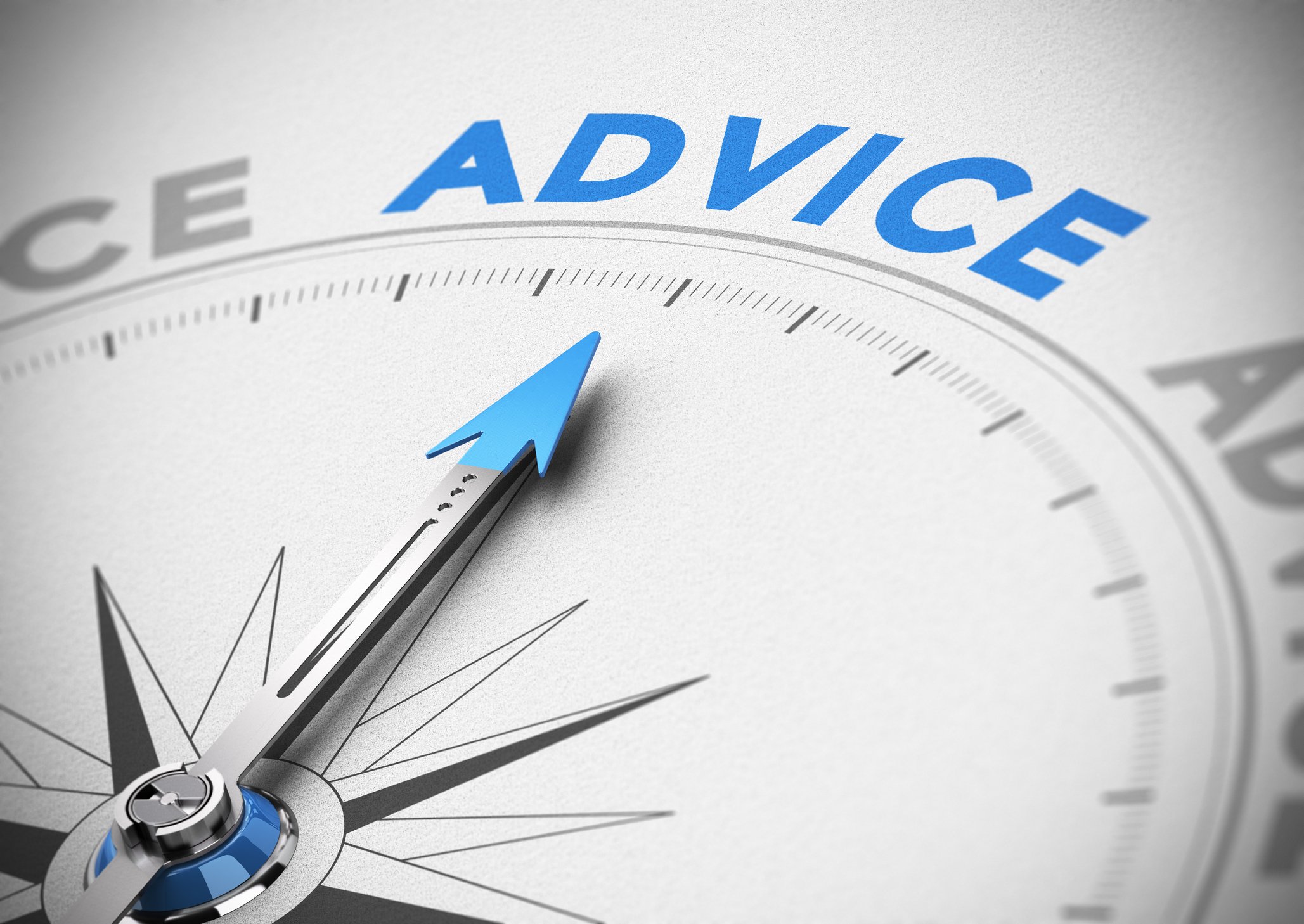 A compass needle points to the word "advice."