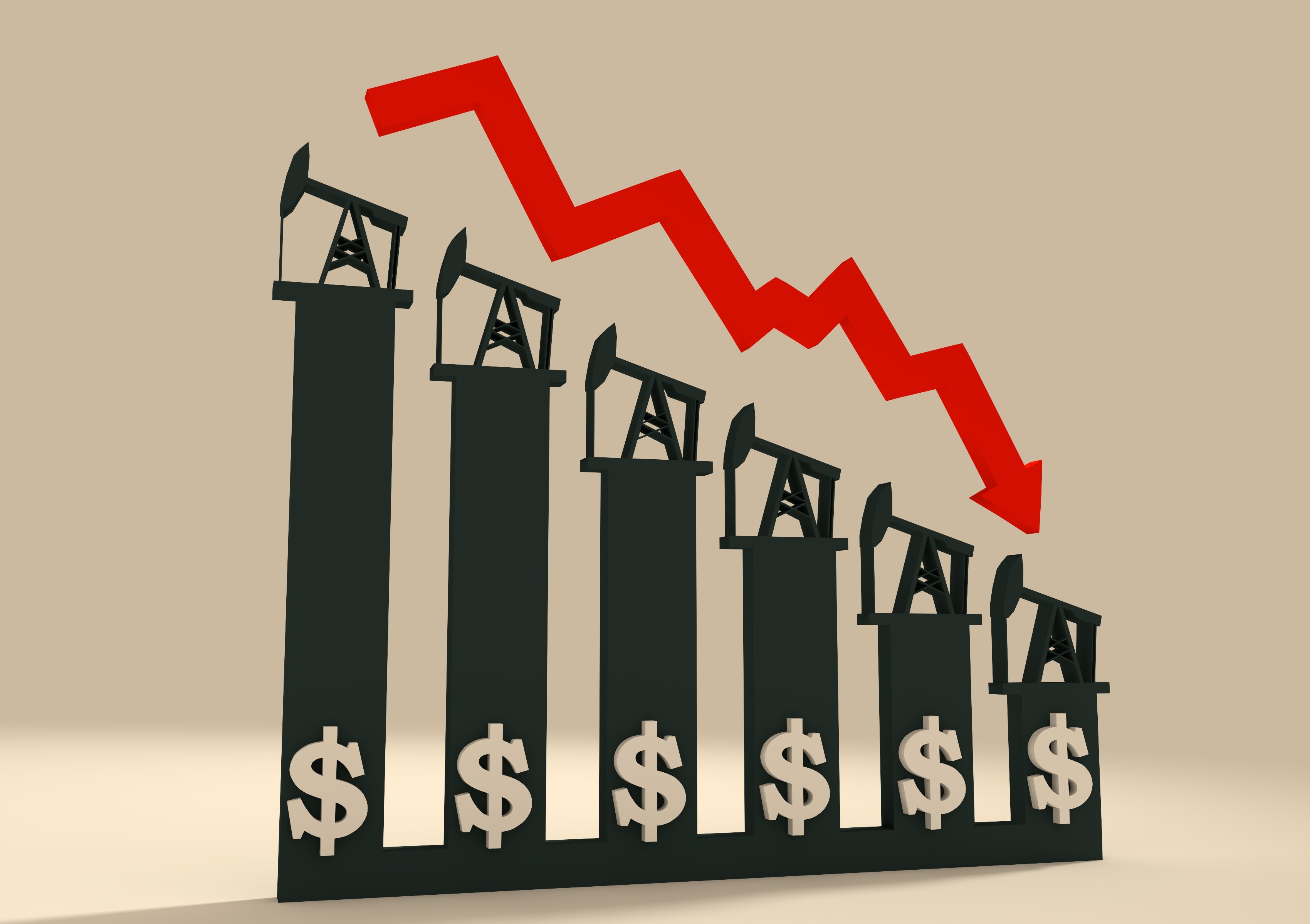 Oil derricks and dollar signs, with graph of falling prices