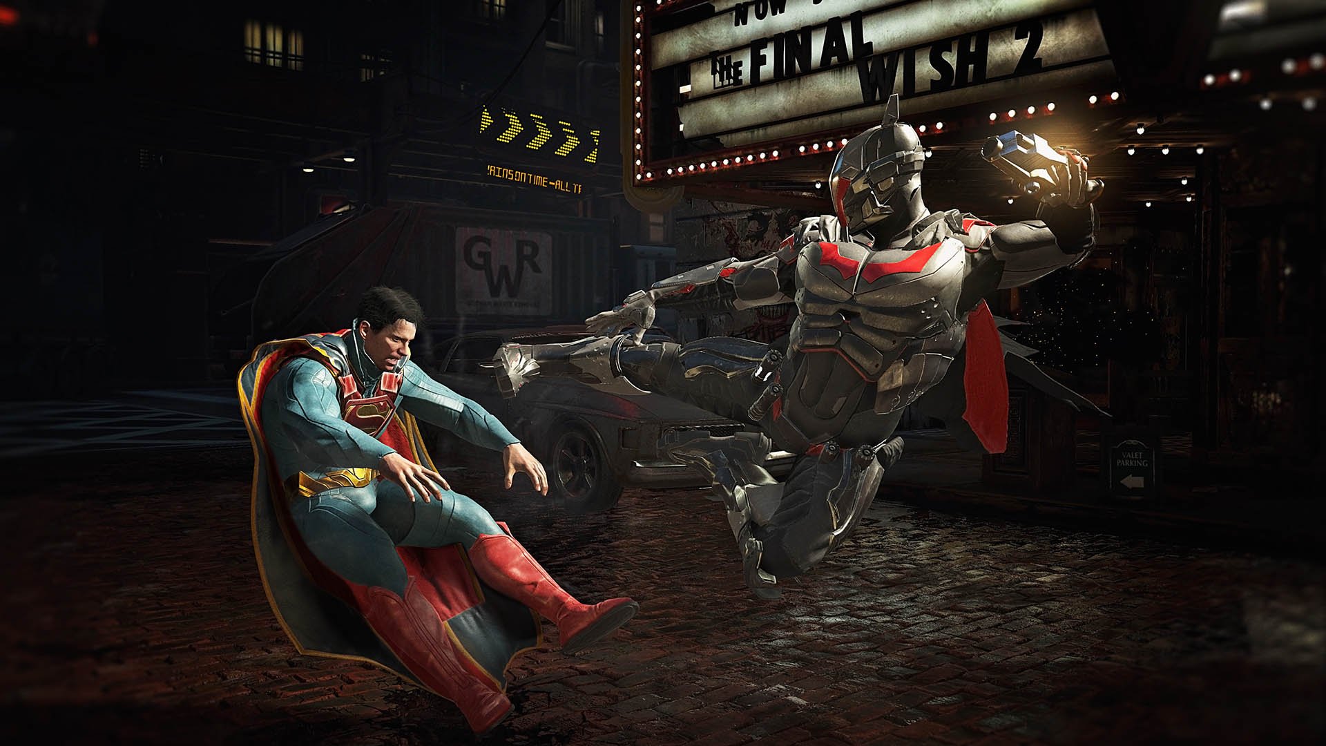 Batman kicking Superman in Time Warner's "Injustice 2."