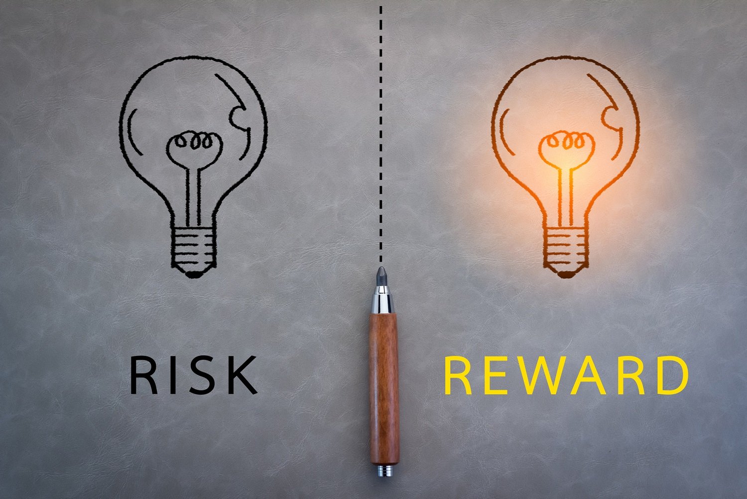 Two lightbulbs separated by a line, with "risk" and "reward" written under them.