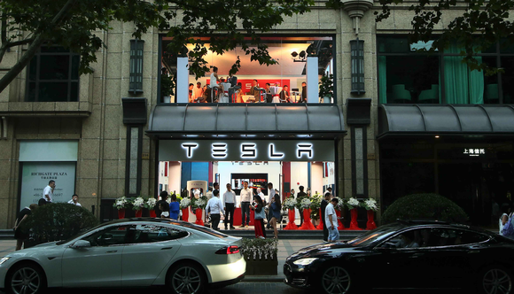 The exterior of a Tesla store in China.