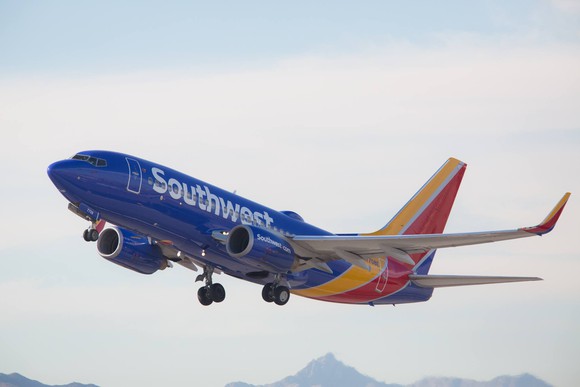 A Southwest airplane taking off.