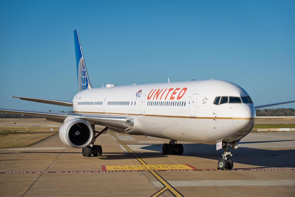 A United airplane on the ground.