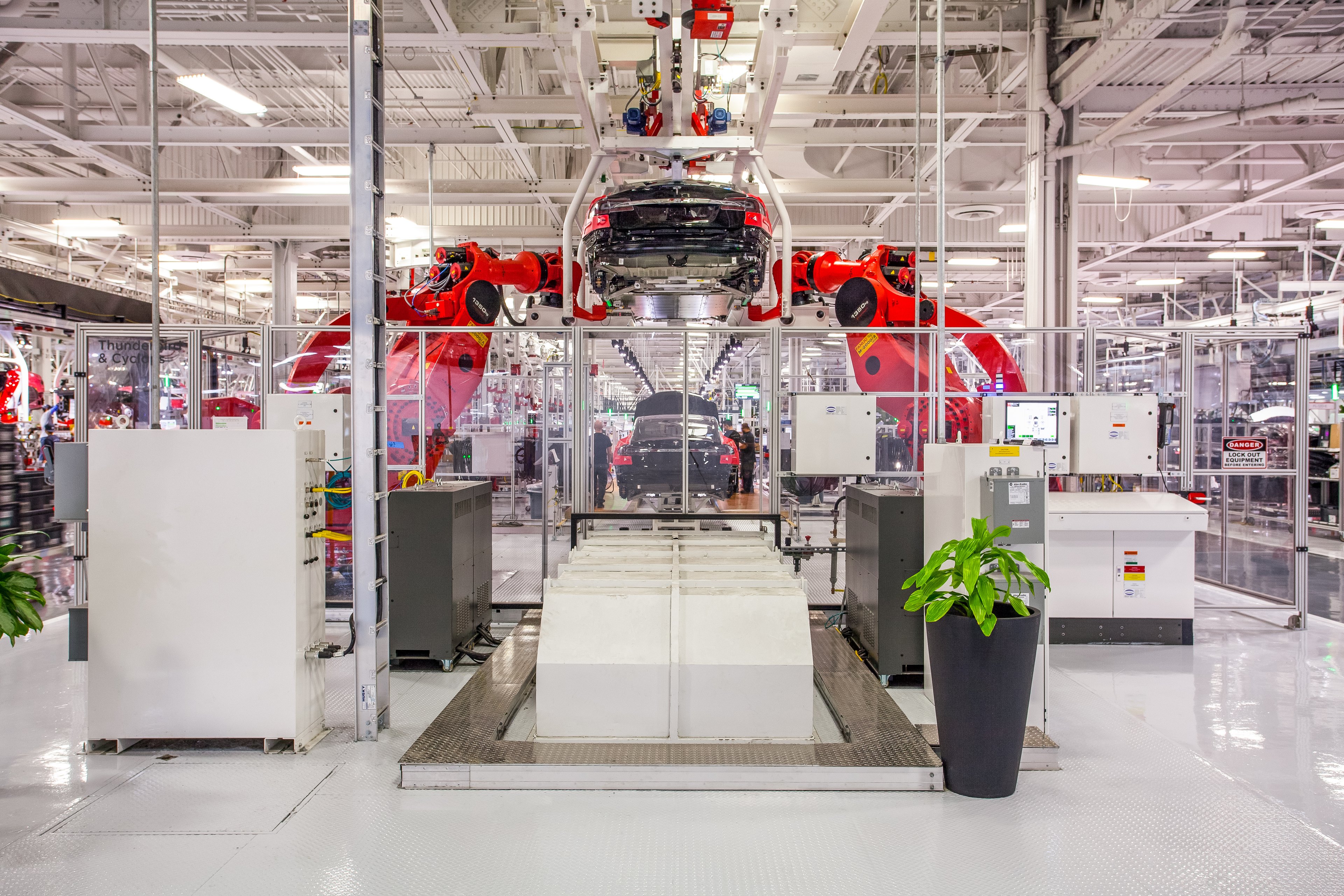 An assembly line inside Tesla's factory in Fremont, California