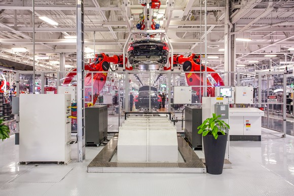 An assembly line inside Tesla's factory in Fremont, California