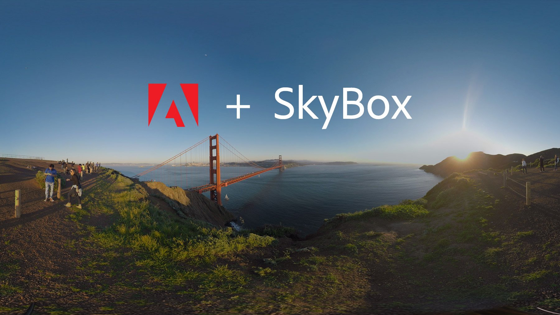 The Adobe logo and the caption "plus SkyBox," overlaid over an image of a bridge and skyline.