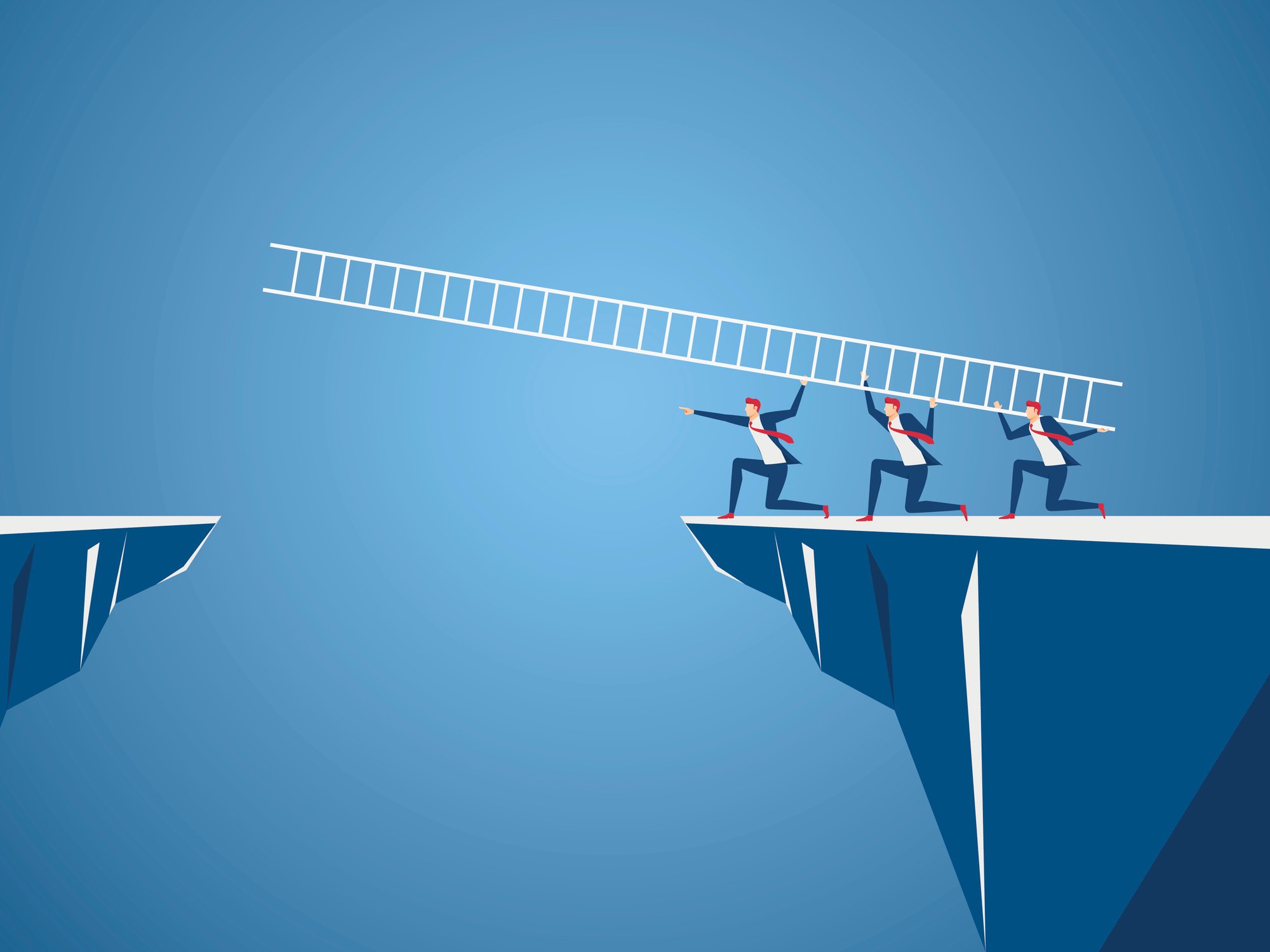 An illustration of three men in suits, passing a ladder across a bridge gap.