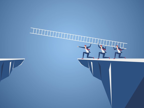 An illustration of three men in suits, passing a ladder across a bridge gap.
