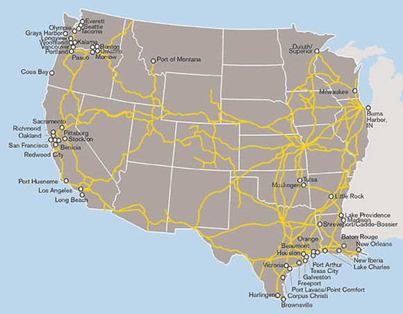 Map of Union Pacific port locations.