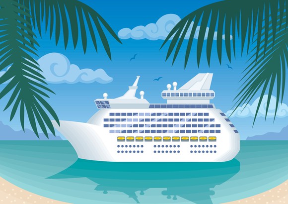 An illustration of a cruise ship mooring in a tropical bay.