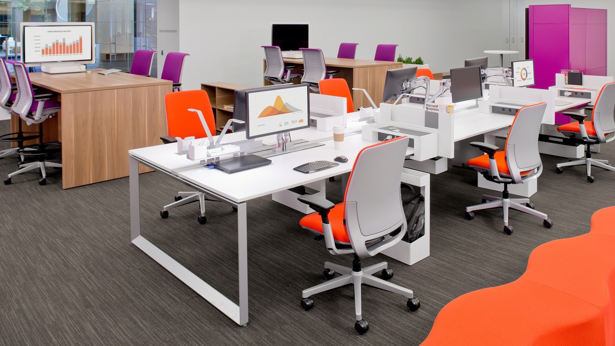 An office-type room set up with Steelcase office furniture.
