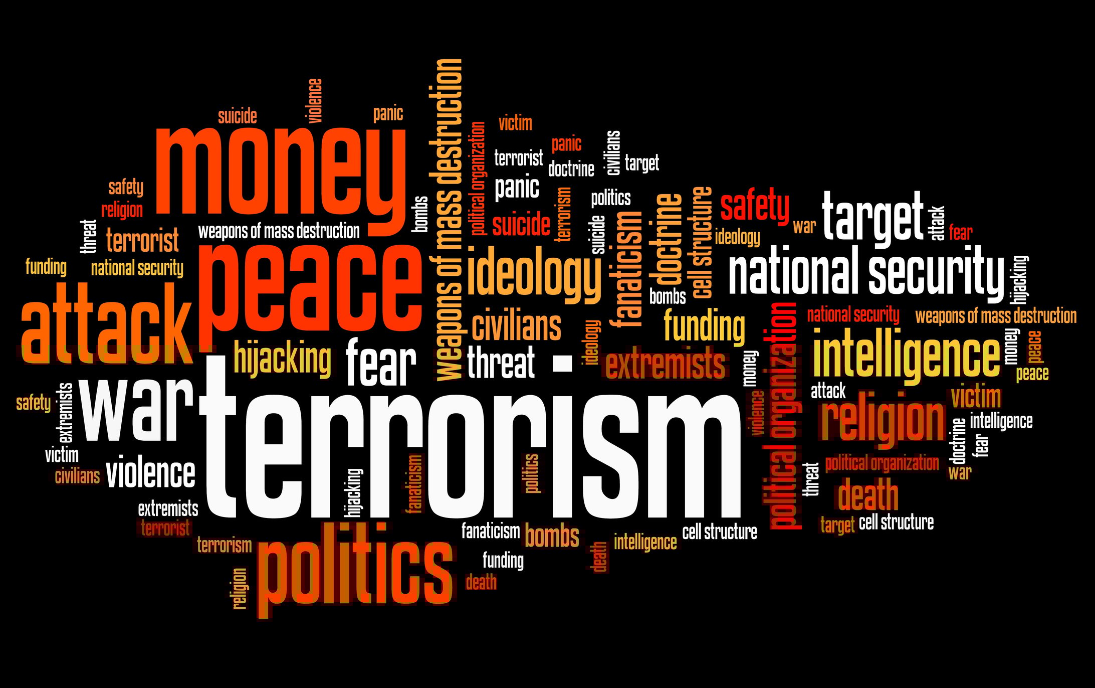 Word cloud of words associated with terrorism (money, peace, politics, target, etc.)