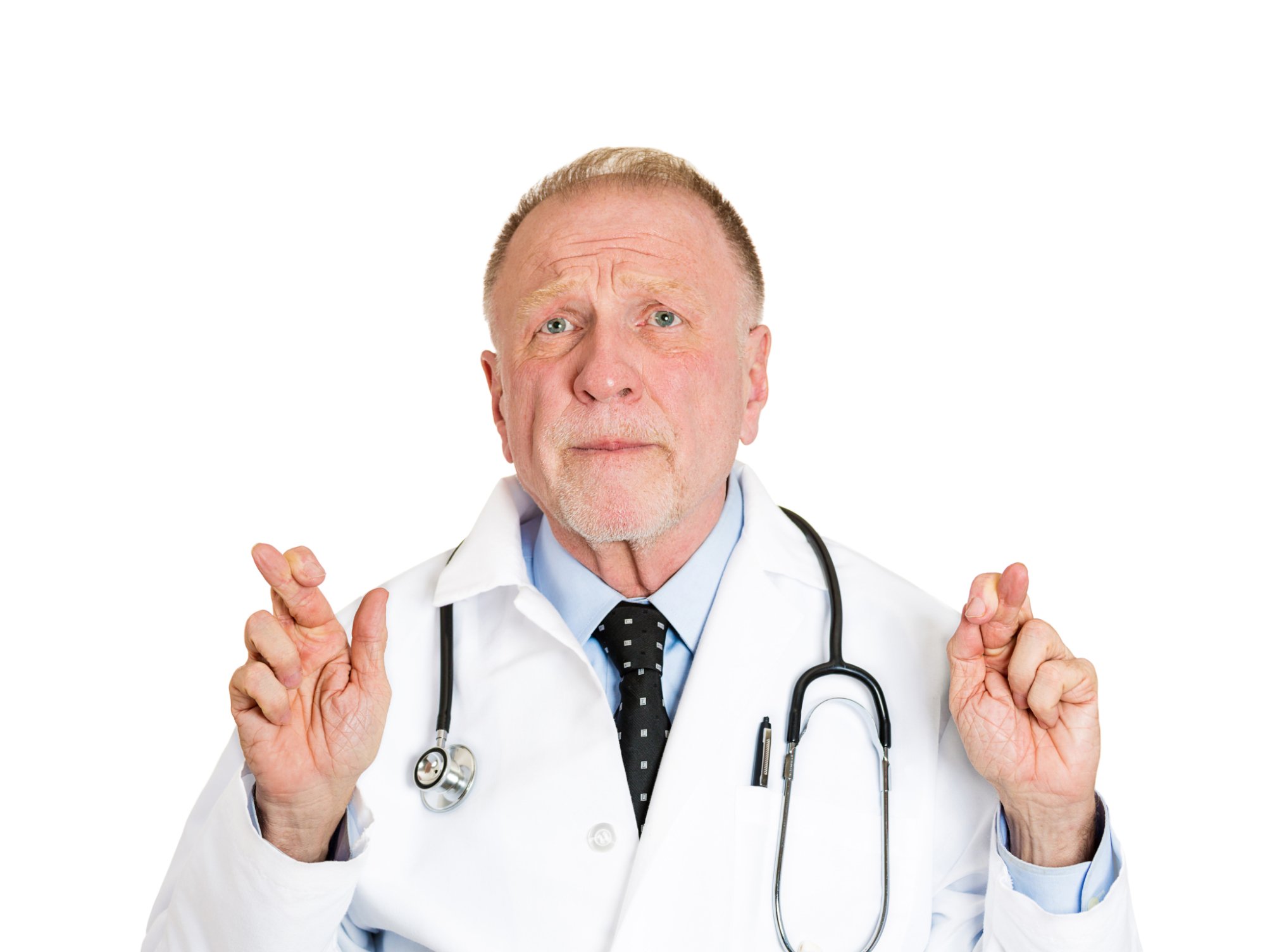 A doctor crossing his fingers. 