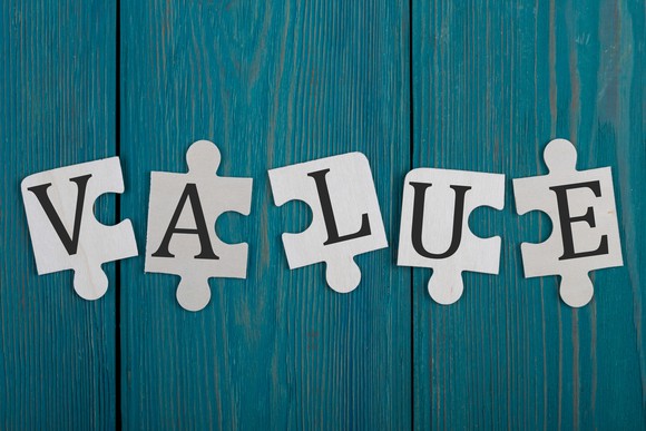 Puzzle pieces spelling the word "value."