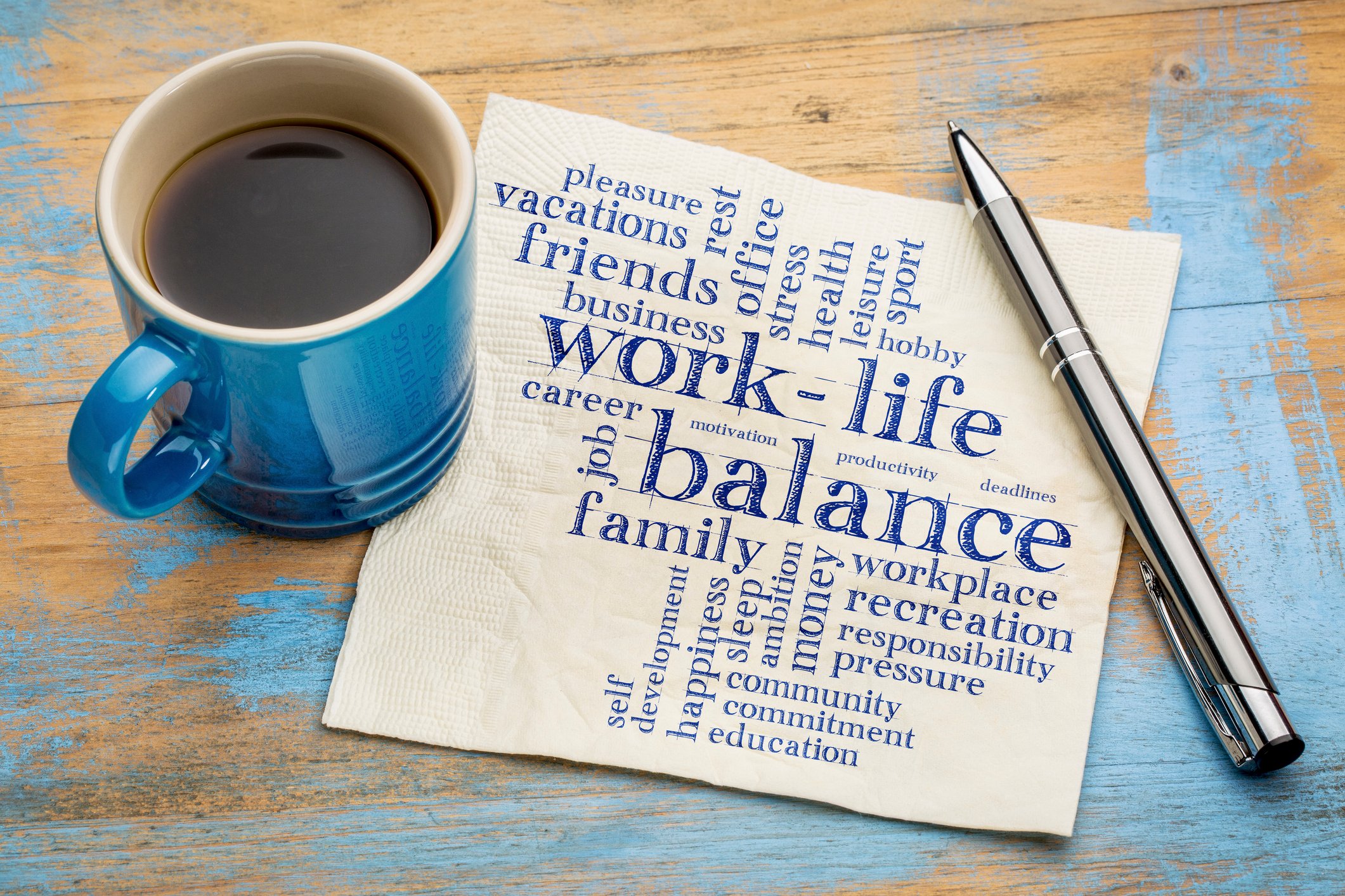 A napking with a Work-life balance word cloud.