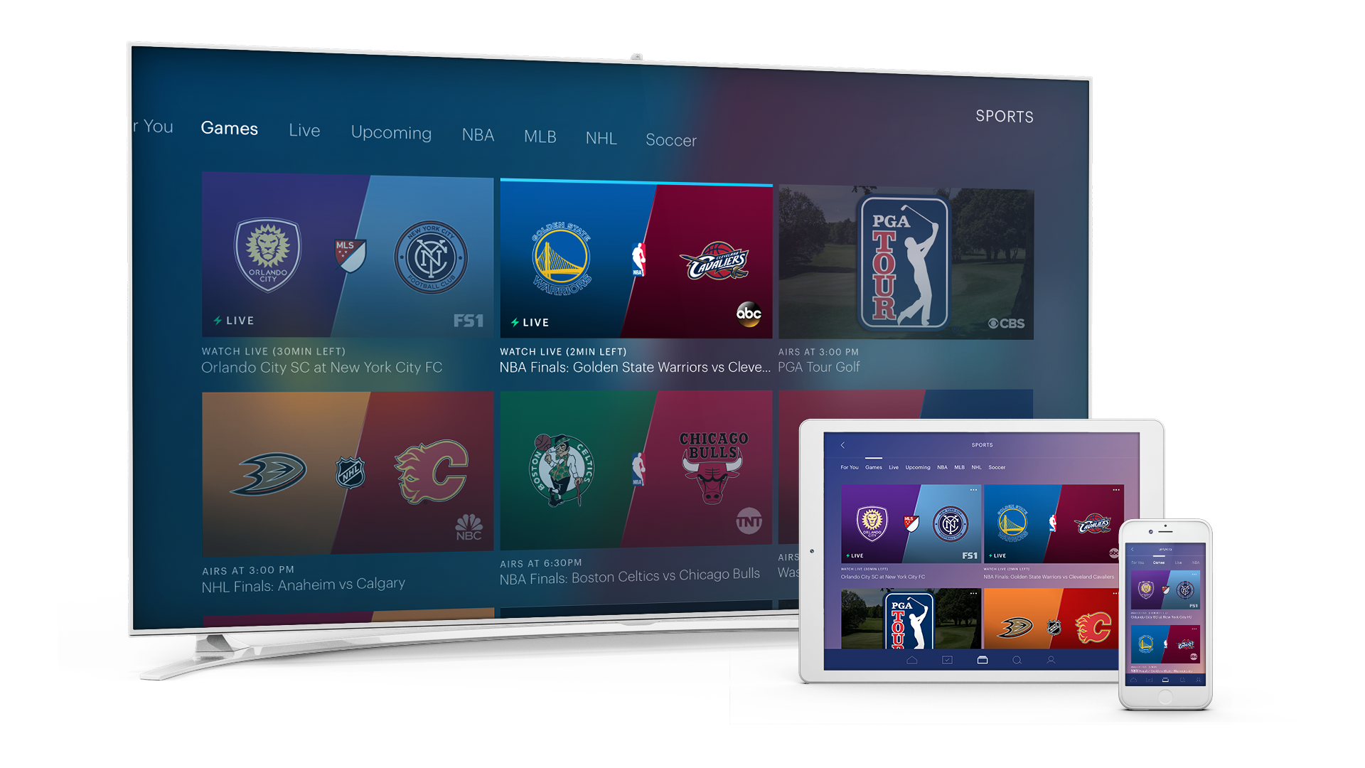 TV, tablet and smartphone each displaying Hulu sports screen.