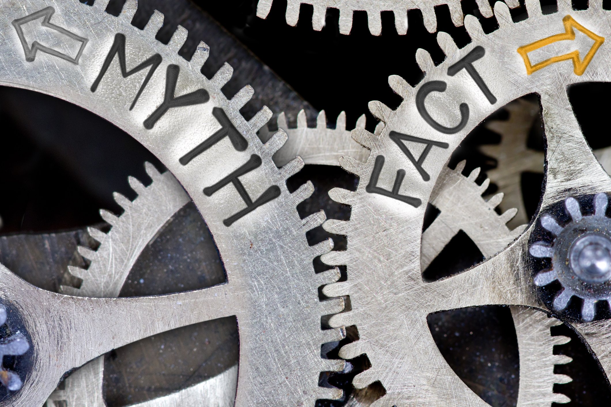 Two cogs in a machine. One is labeled "myth," the other is labeled "fact."