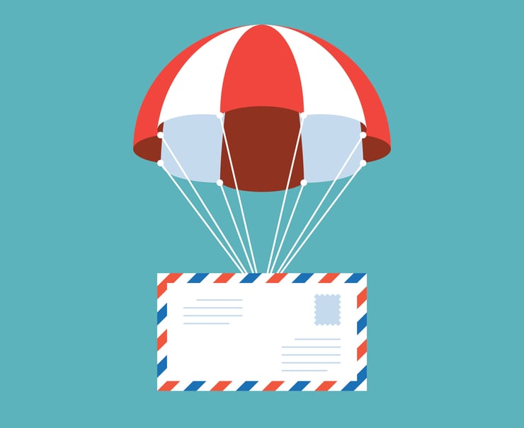International air mail envelope hoisted by red-striped parachute.