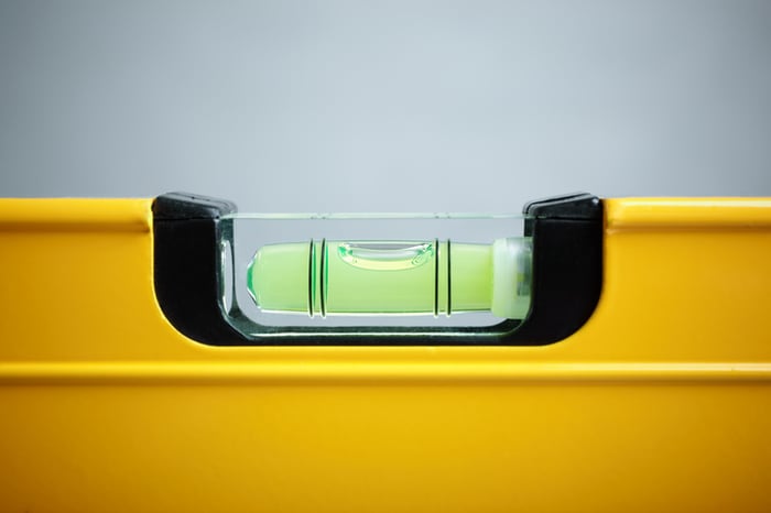 Close up of yellow carpenter's spirit level.