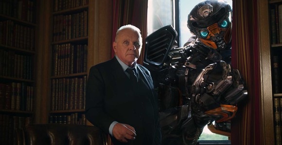 Bumblebee and Sir Edmund Burton (played by Anthony Hopkins) from "Transformers: The Last Knight."