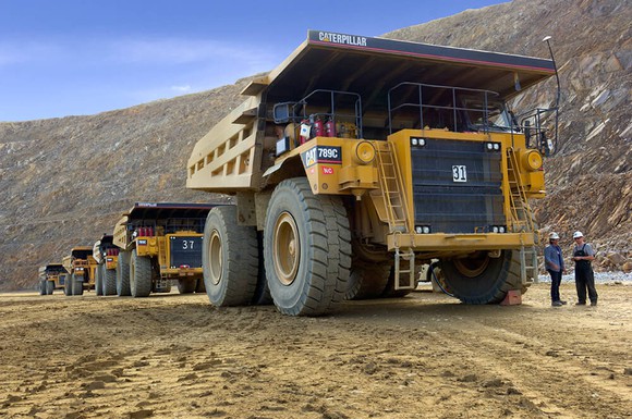 Dump trucks lined up at Kinross Gold's Fort Knox mine.