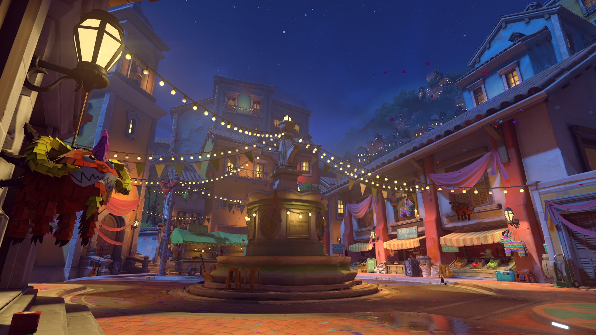 Screenshot of an in-game map, depicting a Mexican-themed town square at nighttime.