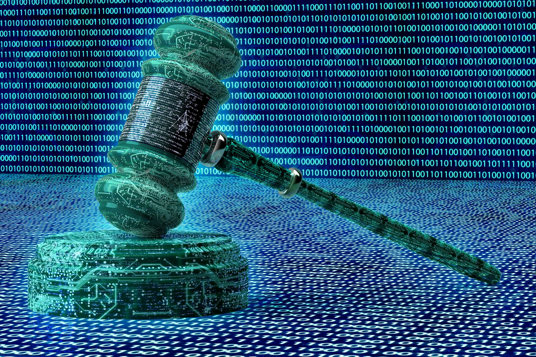 Digital illustration of a gavel made out of 1s and 0s