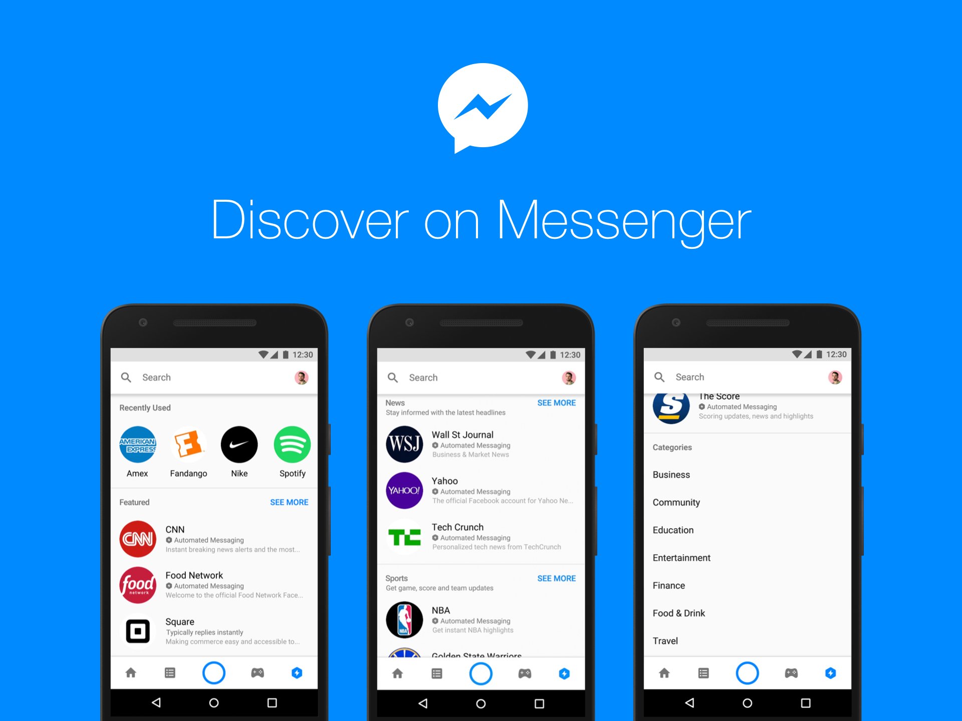 Renderings of the new Discover tab in Messenger