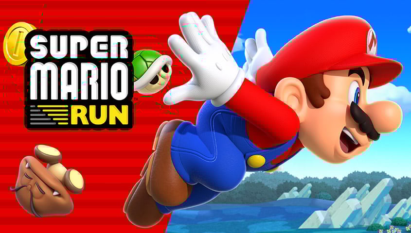 Nintendo box art of "Super Mario Run" mobile game with Mario character, wearing red hat and blue overalls, leaping into the air.