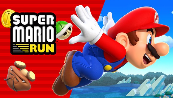 Nintendo box art of "Super Mario Run" mobile game with Mario character, wearing red hat and blue overalls, leaping into the air.