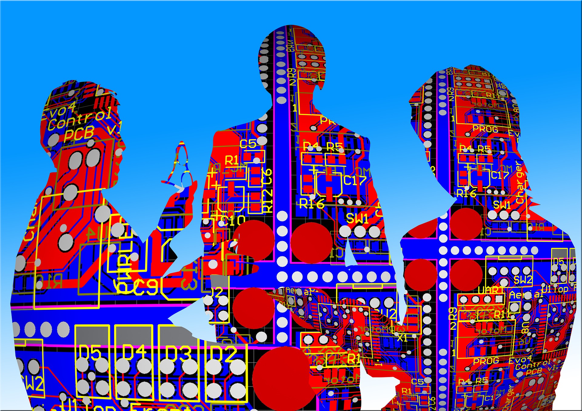 Three human silhouettes overlaid with circuit board images.