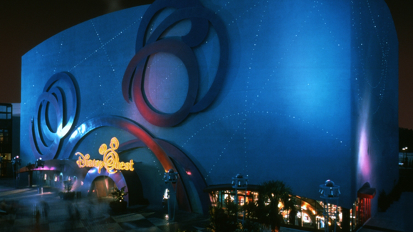 Exterior shot of DisneyQuest at night.