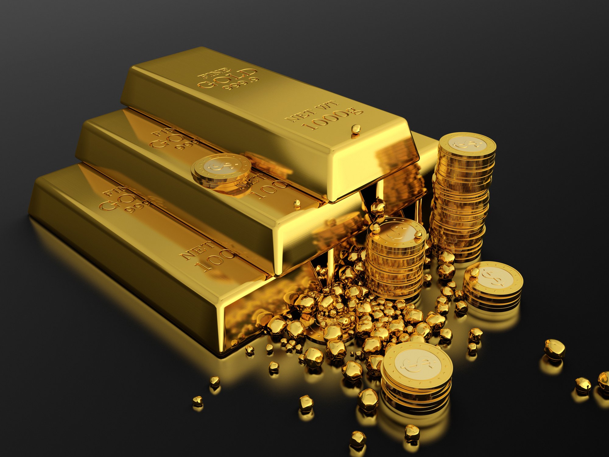 Gold bars are stacked next to gold coins and nuggets.
