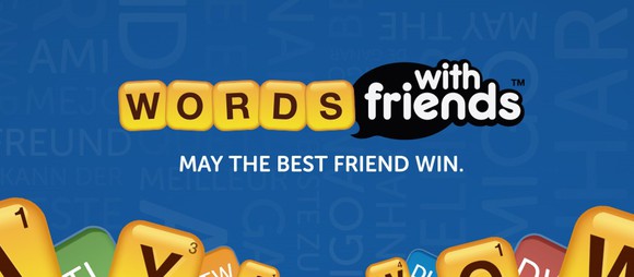 Logo for Zynga's "Words With Friends" game accompanied by text that reads "May the best friend win."