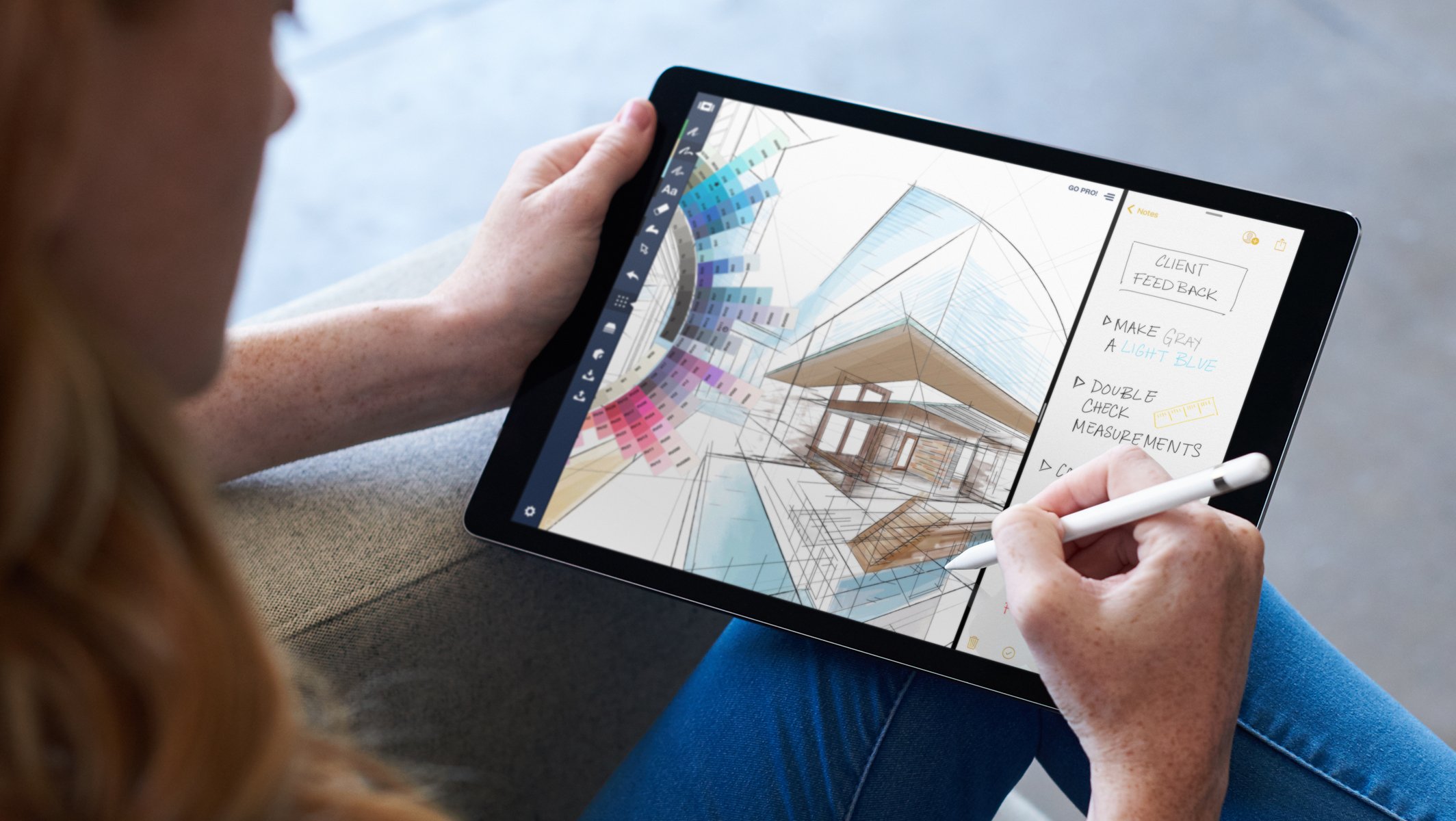 An artist sketching on the 12.9-inch iPad Pro.