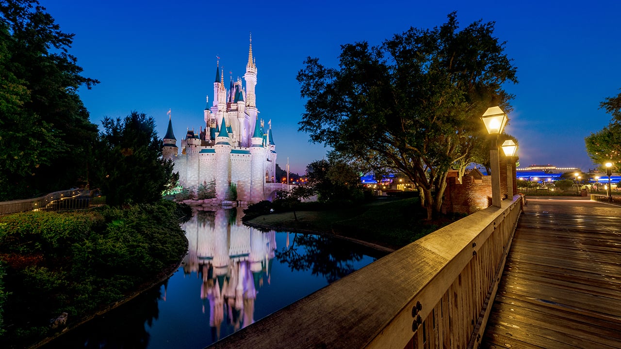 Disney's Cinderella Castle at night.