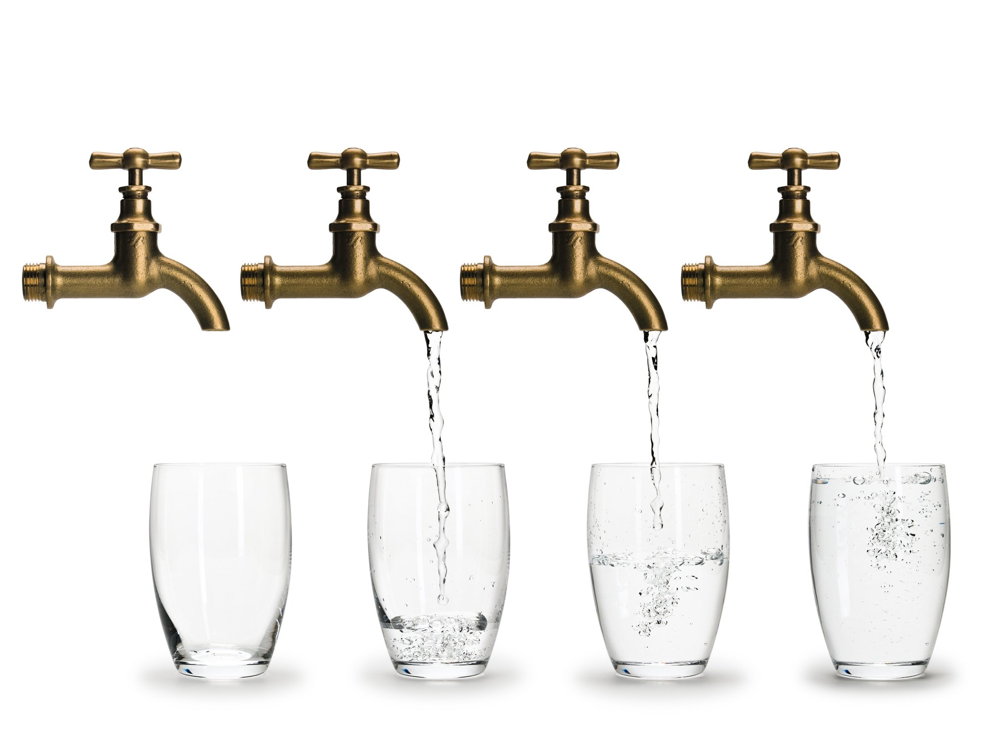 A row of faucets filling up glasses of water.