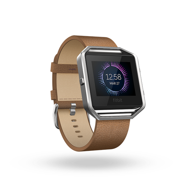 Fitbit smart watch with leather band.