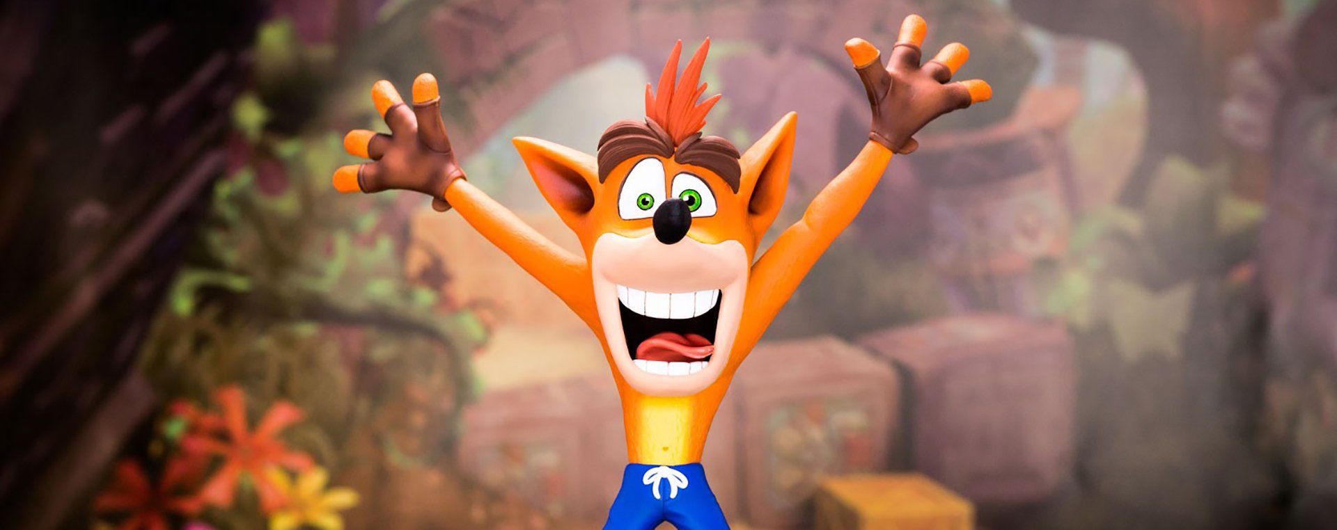 Crash Bandicoot yelling with his hands in the air.