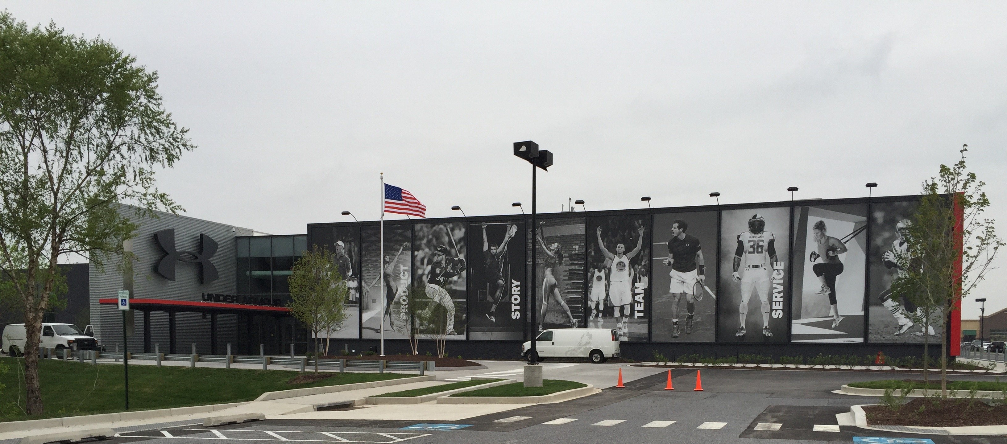Under Armour's Building 37 with pictures of 10 UA athletes that extend the height of the building.
