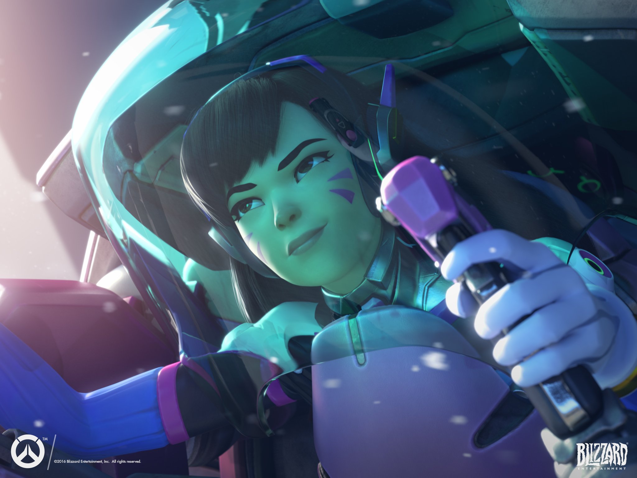 An "Overwatch" character sitting inside a tank outfit with her hands holding a joystick, and an intense look on her face.