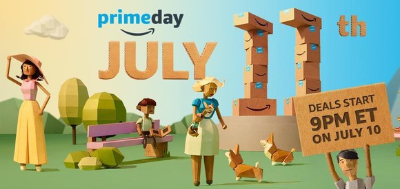 Ad for Prime Day showing cartoon people standing outside.